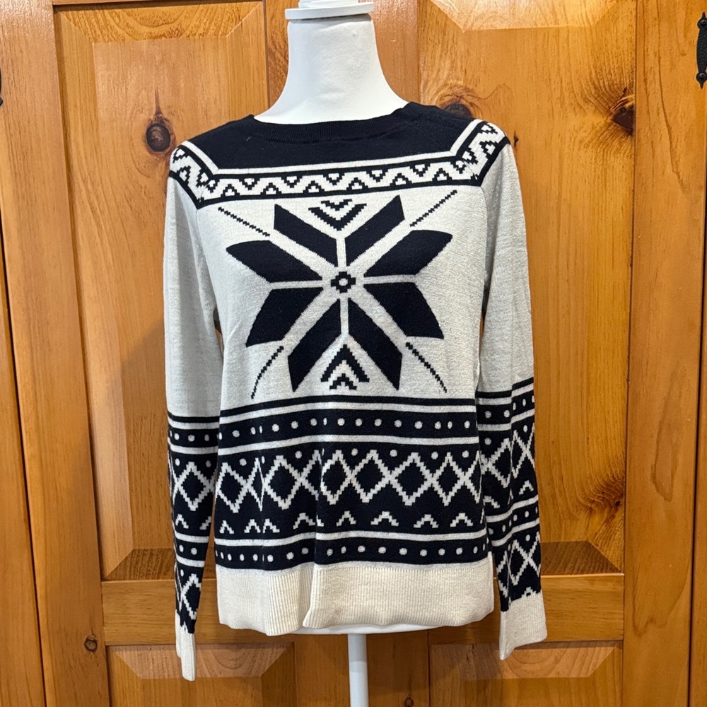 LOFT Navy Blue and White Nordic Pattern Sweater